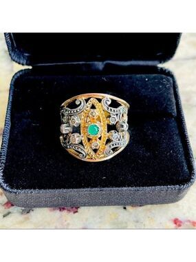 Estate Art Deco European Emerald & Rose Cut Sapphire Filigree Gold Sterl…
